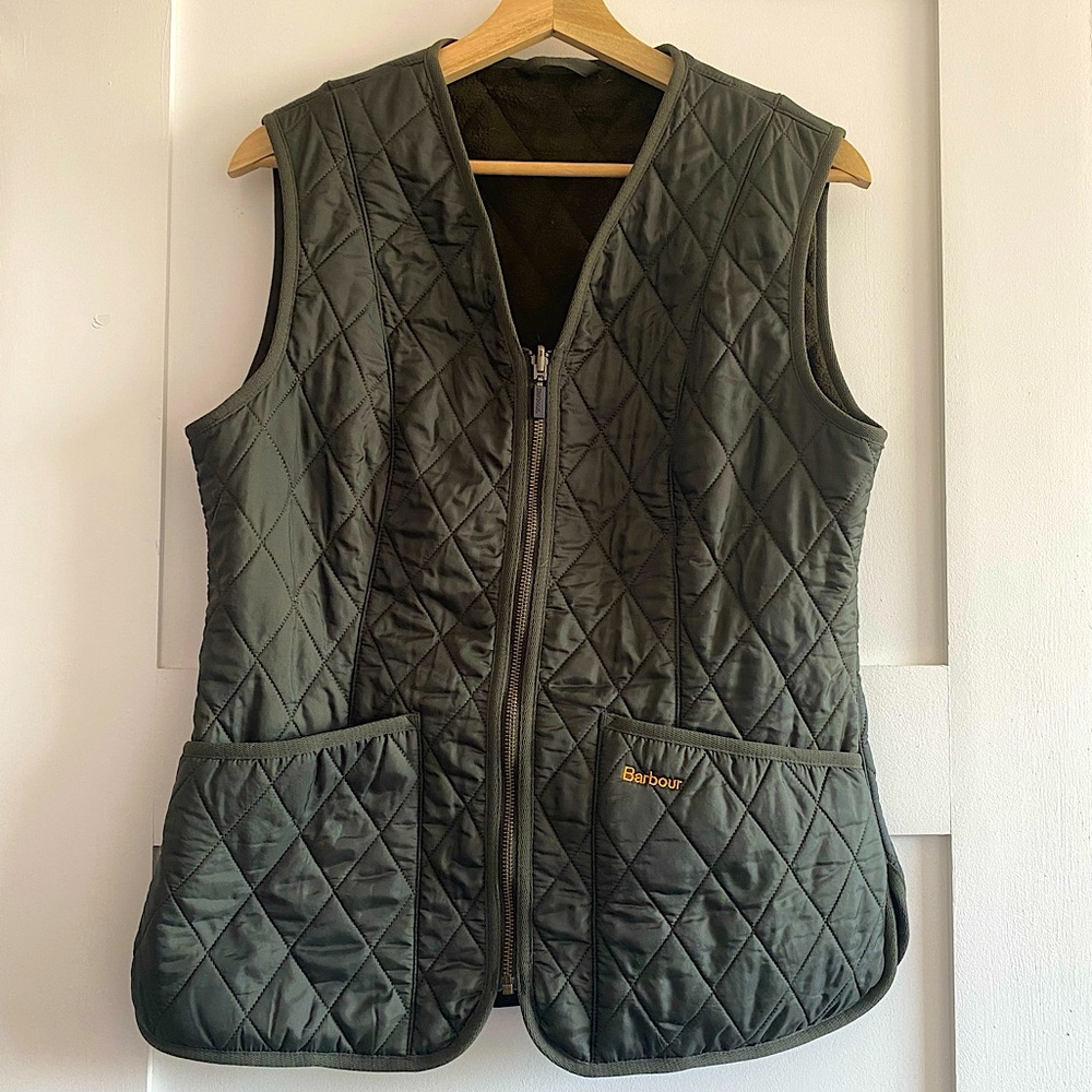 EUC Barbour Betty Fleece Liner vest gilet in Dark Olive - zips inside jacket